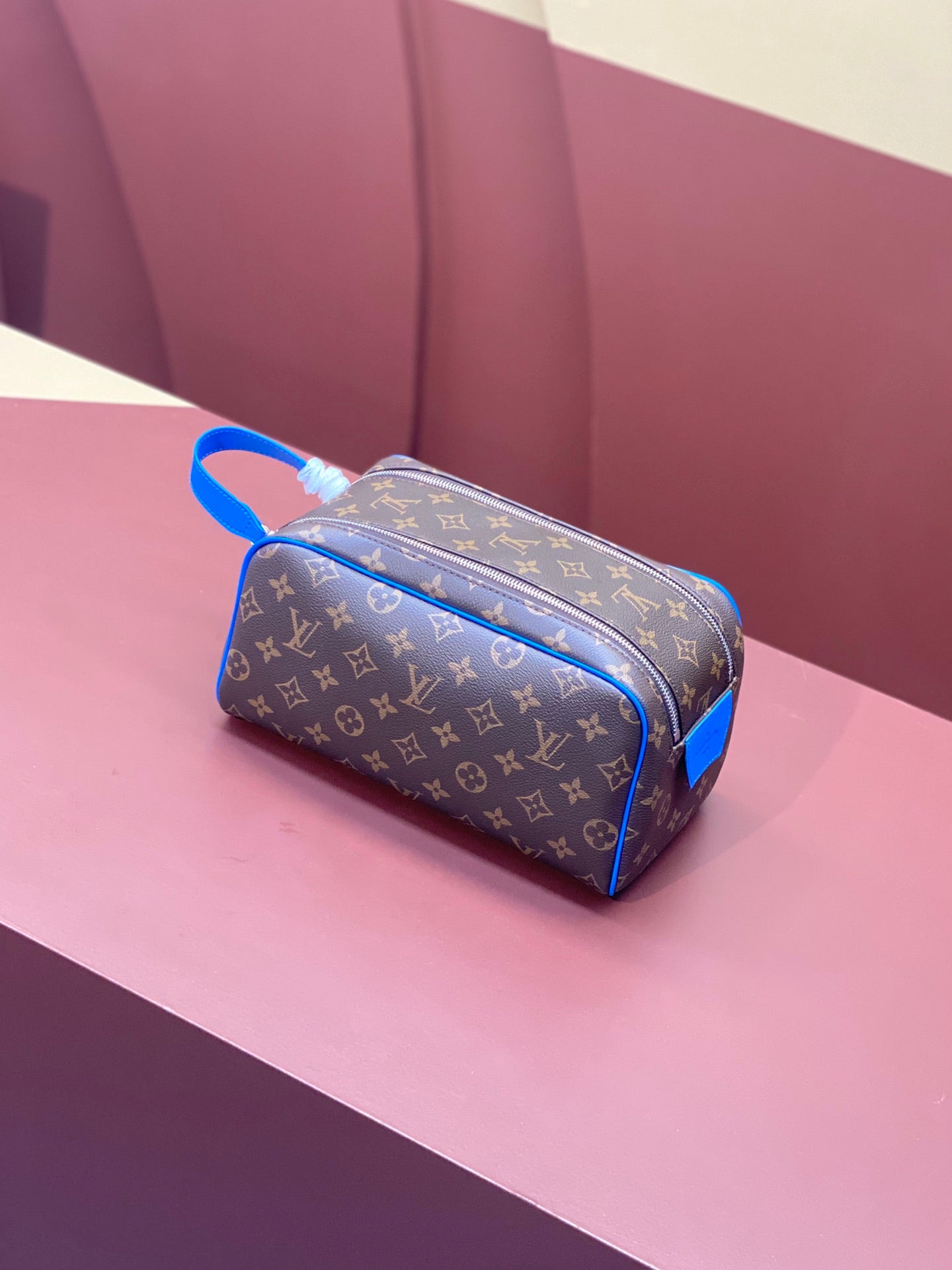 Louis Vuitton monogram canvas bag with blue trim and top zipper, side view
