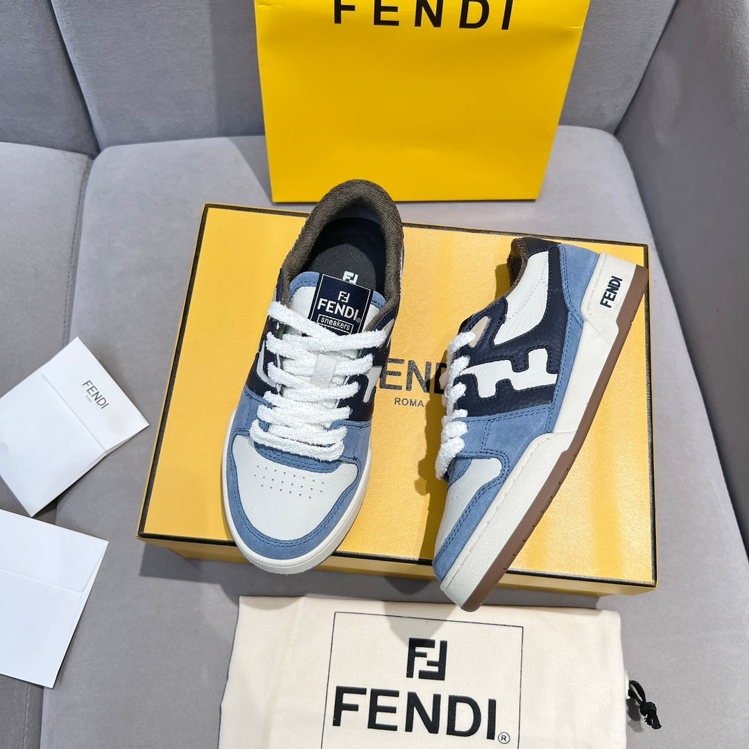 Fendi sneakers in blue and white with contrasting side panels and lace-up front view