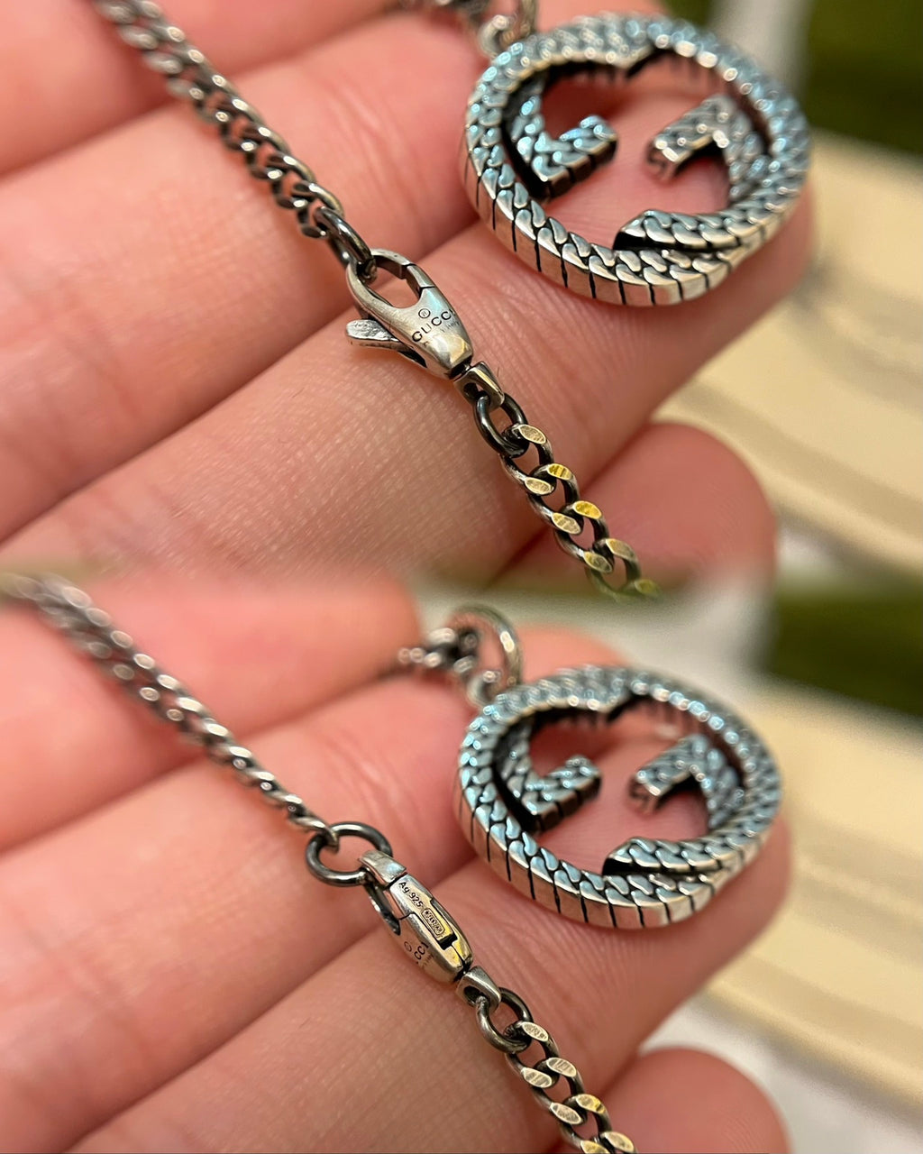 Silver-toned chain necklace with enamel GG heart pendant and gold accents
