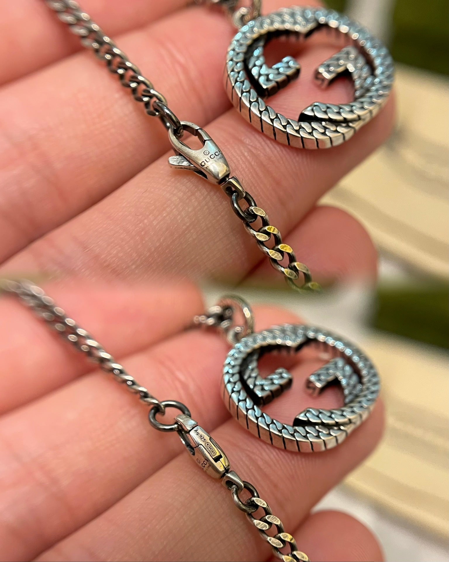 Silver-toned chain necklace with enamel GG heart pendant and gold accents