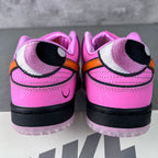 Back view of pink sneakers with black heel and purple lining panels