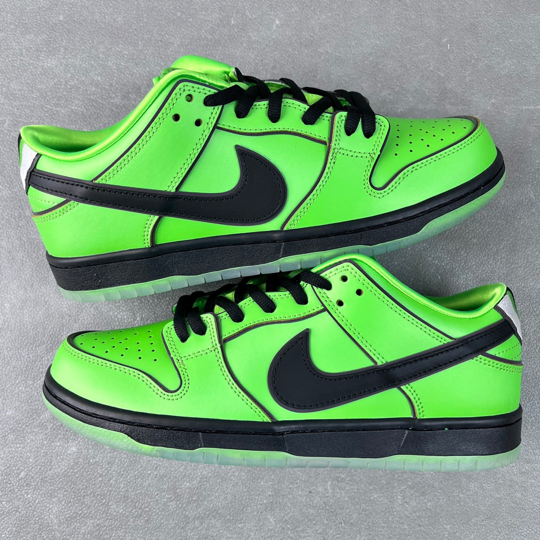 Neon green low-top sneakers with black Swoosh, lace-up and perforated toe