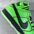 Neon green low-top sneaker with black panel, black Swoosh and padded collar