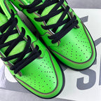 Neon green sneakers with black laces and perforated toe boxes, side close-up