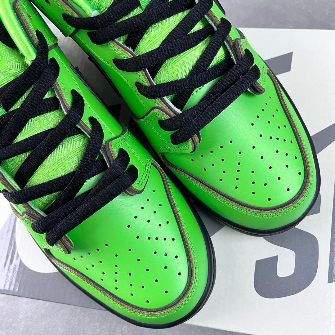 Neon green sneakers with black laces and perforated toe boxes, side close-up