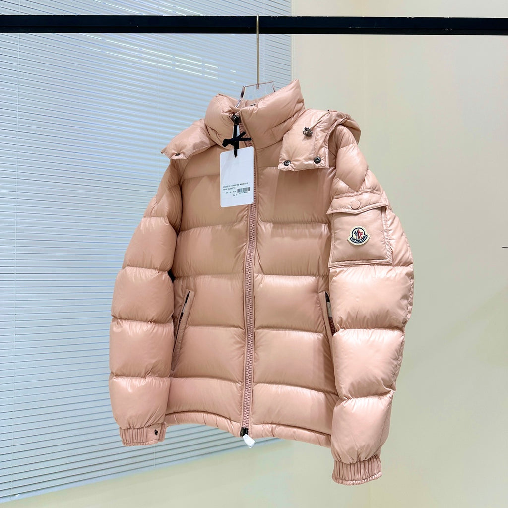 Moncler hooded puffer jacket in light pink with full front zipper and chest patch