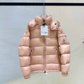 Moncler hooded puffer jacket in light pink, full-zip front with ribbed cuffs