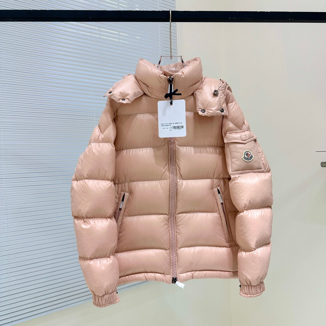Moncler hooded puffer jacket in light pink, full-zip front with ribbed cuffs