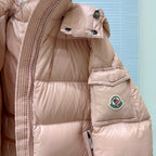 Moncler light pink puffer jacket shoulder with snap buttons and circular chest logo