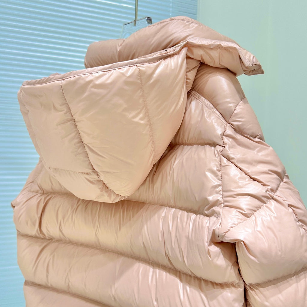 Moncler light pink puffer jacket back and hood with thick quilted insulation panels