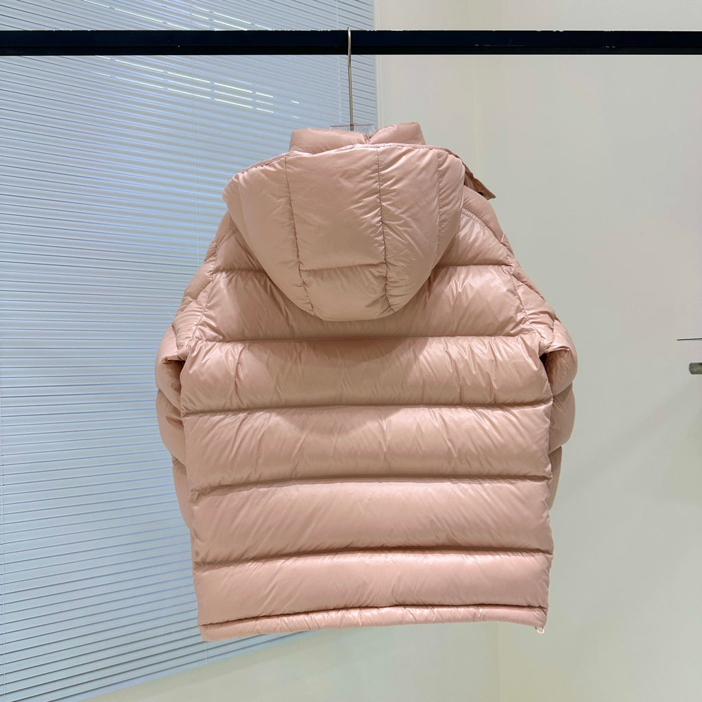 Moncler light pink puffer jacket, hooded back view with quilted horizontal panels
