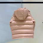 Moncler light pink puffer jacket, hooded back view with quilted horizontal panels