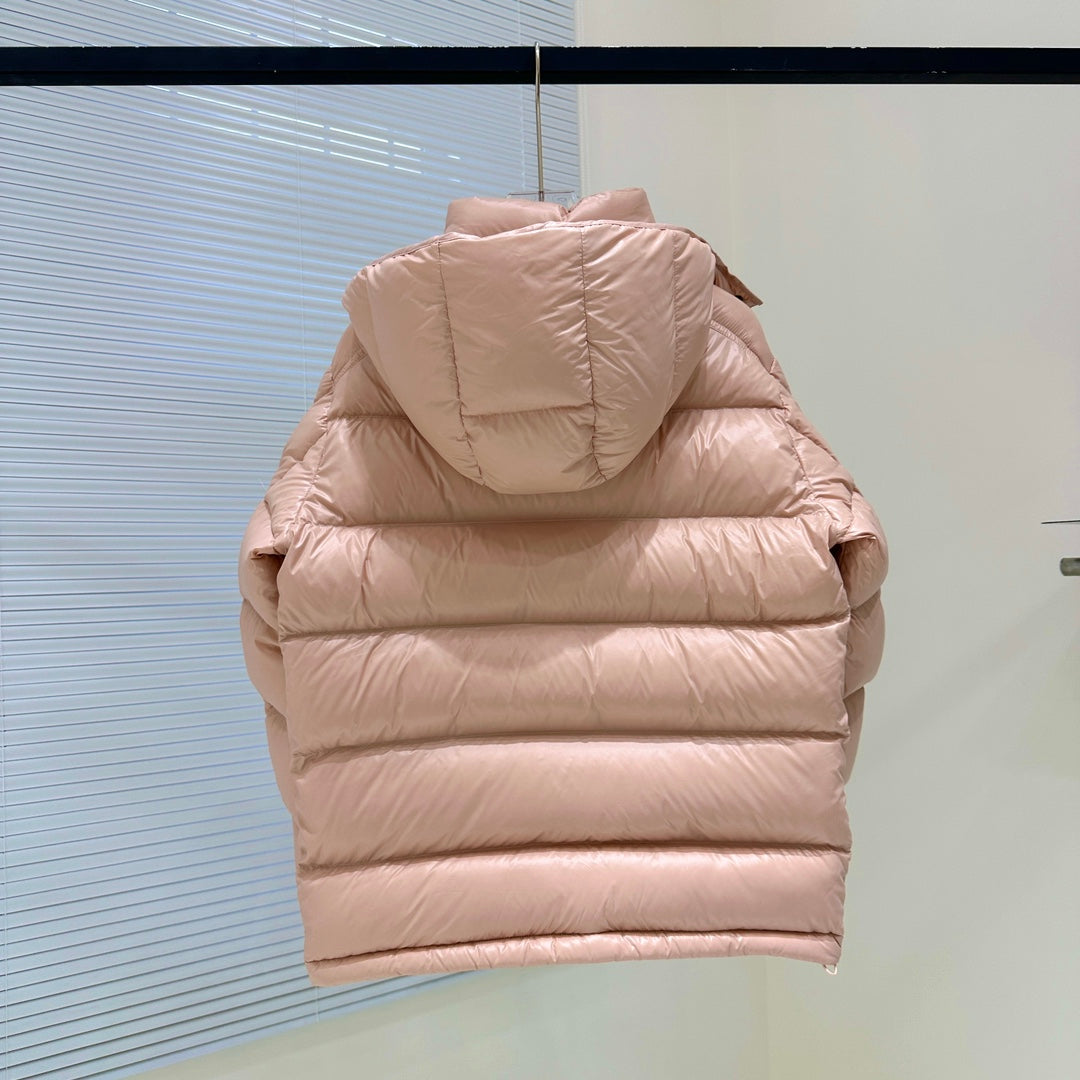 Moncler light pink puffer jacket, hooded back view with quilted horizontal panels