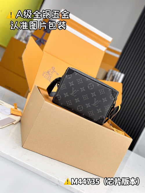 Men's Louis Vuitton monogram crossbody bag, black front view with adjustable strap
