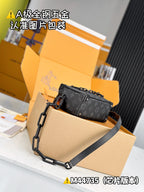 Men's Louis Vuitton monogram crossbody bag, black rear side with chain strap