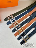 Hermes leather belt set in assorted colors with H buckles in rose-gold and silver tones.