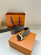 Louis Vuitton monogram belt with gold-tone LV buckle and olive inner leather