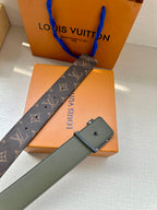 Louis Vuitton monogram belt with gold-tone LV buckle and olive leather strap