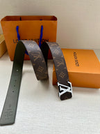 Louis Vuitton monogram belt pair with gold-tone LV buckles and olive backing straps
