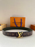 Louis Vuitton monogram belt with gold-tone LV buckle, dark brown canvas and olive leather