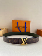 Louis Vuitton monogram belt with gold-tone LV buckle, dark brown canvas and olive leather