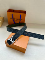 Louis Vuitton monogram belt with LV silver-tone buckle, dark blue strap and green reverse