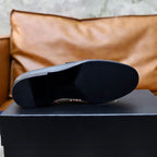 Prada unisex black leather loafer sole view, tread underside shown