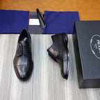 Black leather lace-up oxford shoes, side view with stitched detailing, Prada