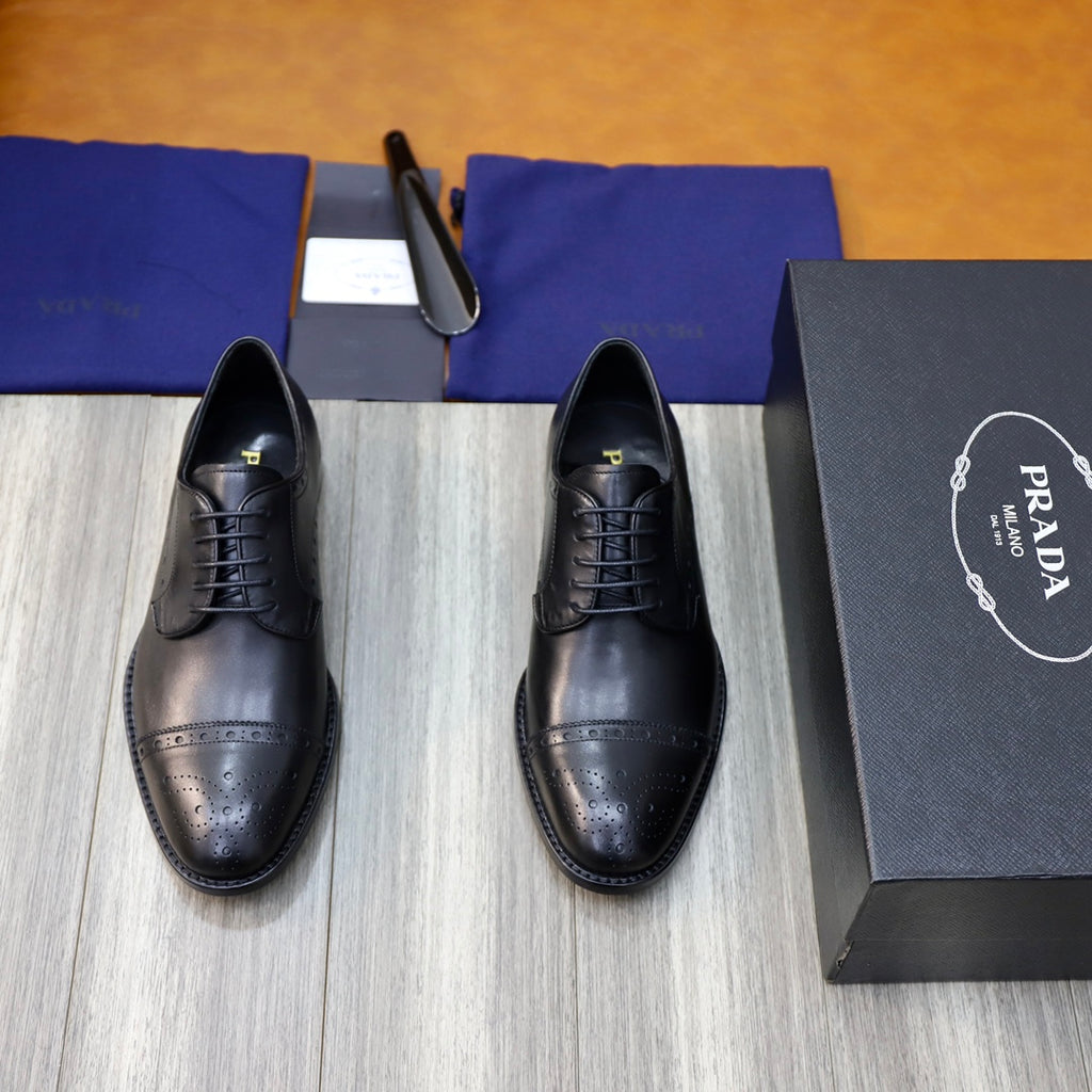 Black leather lace-up oxford shoes with brogue perforations, Prada