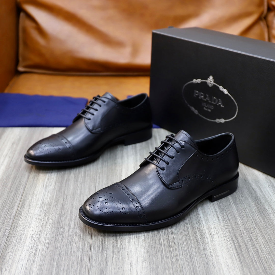 Black leather lace-up dress shoes with brogue perforations, Prada