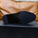 Prada unisex black leather loafer, outsole view with textured rubber tread