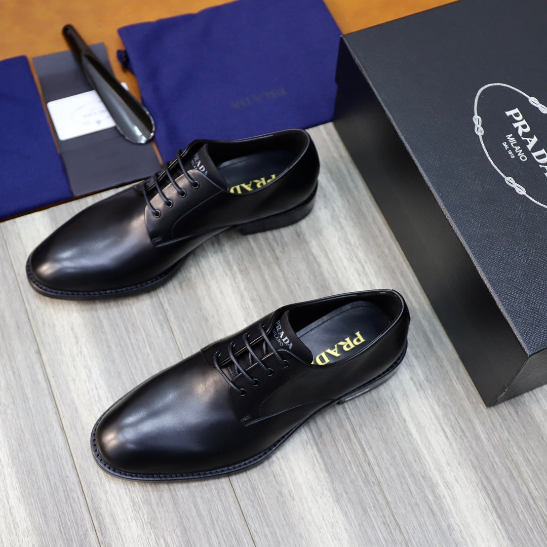 Black leather lace-up oxfords showing tongue detail and low heel sole