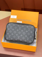 Louis Vuitton monogram toiletry pouch, dark gray, flat front view with zipper