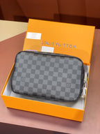 Louis Vuitton small crossbody bag, gray Damier check pattern, zippered front and sides