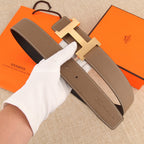 Hermes leather belt, taupe adjustable strap with silver H buckle detail