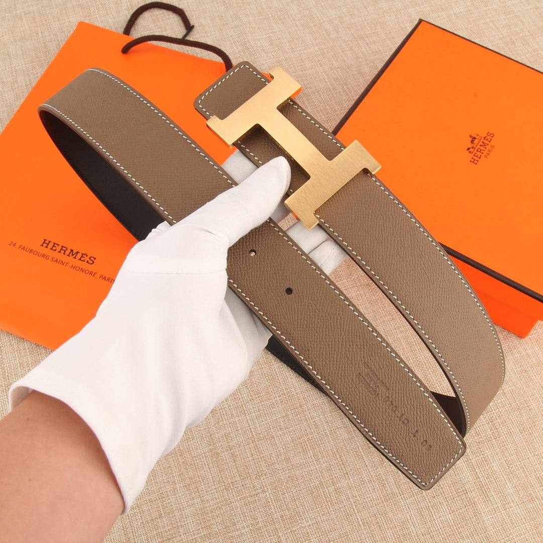 Hermes leather belt, taupe adjustable strap with silver H buckle detail