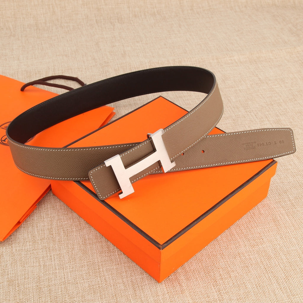 Hermes two-tone leather belt, taupe strap with silver buckle and dark keeper
