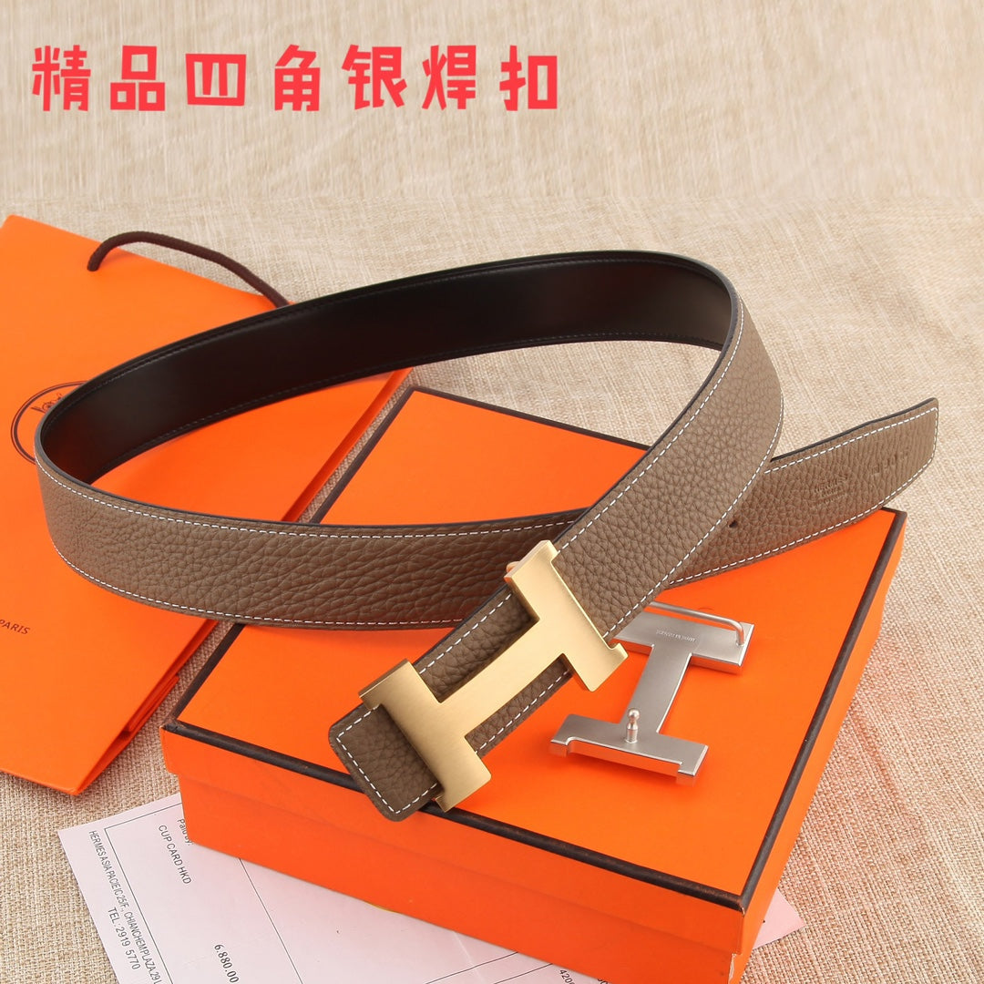 Hermes belt with dark brown strap and silver H buckle on boxed set