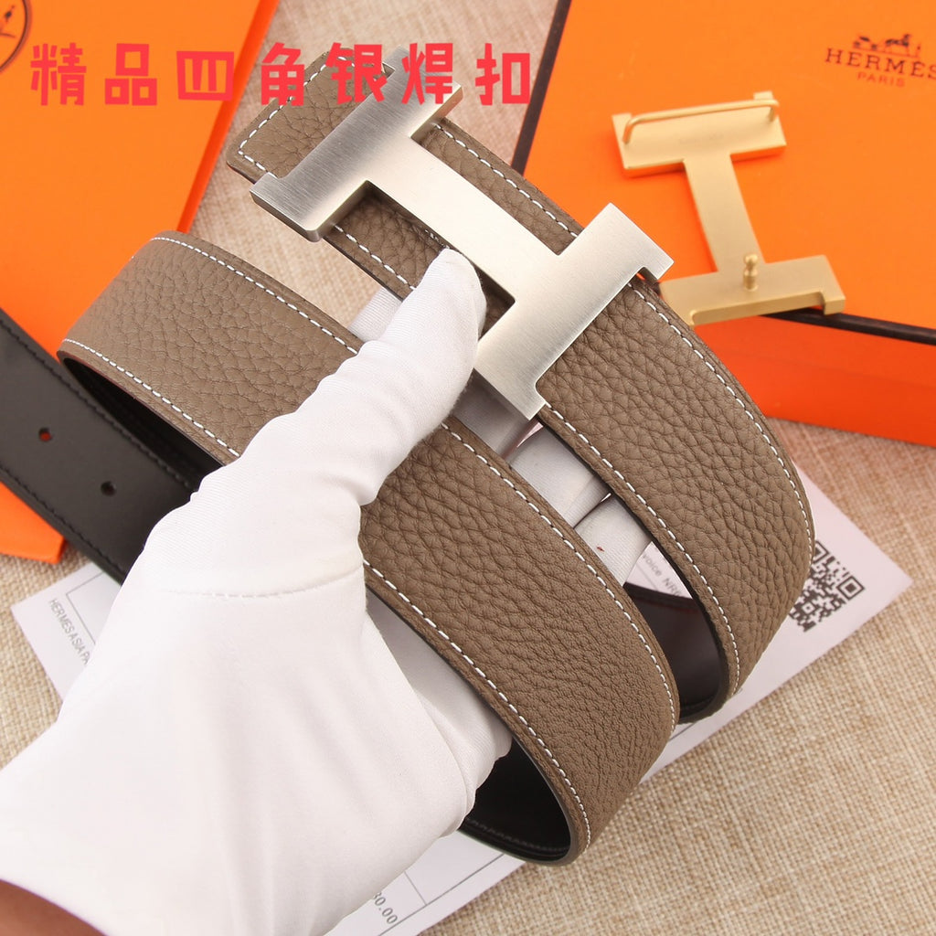 Hermes belt with dark brown textured leather and silver H buckle, shown folded
