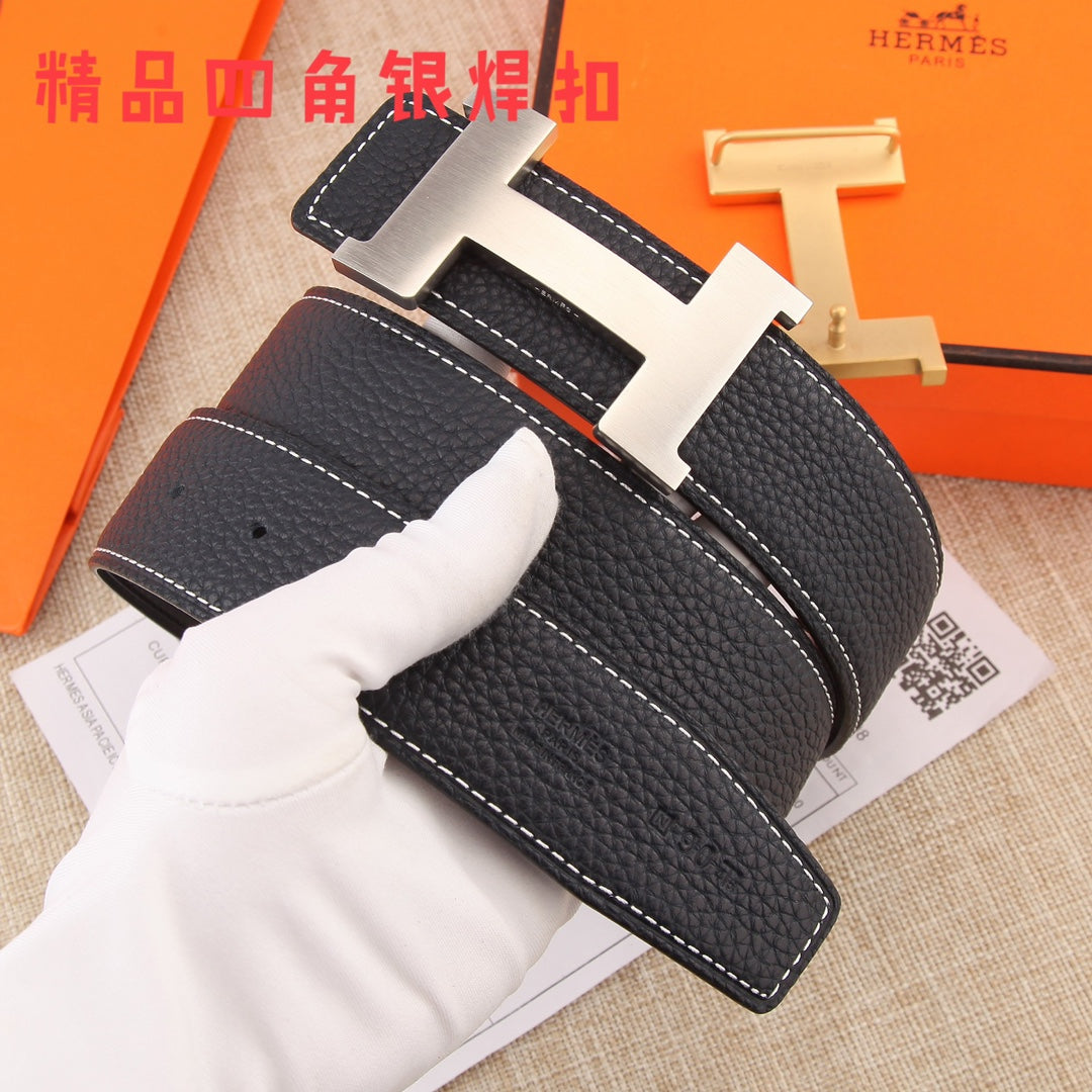Black pebbled leather belt with gold-tone H buckle and stitched end tab