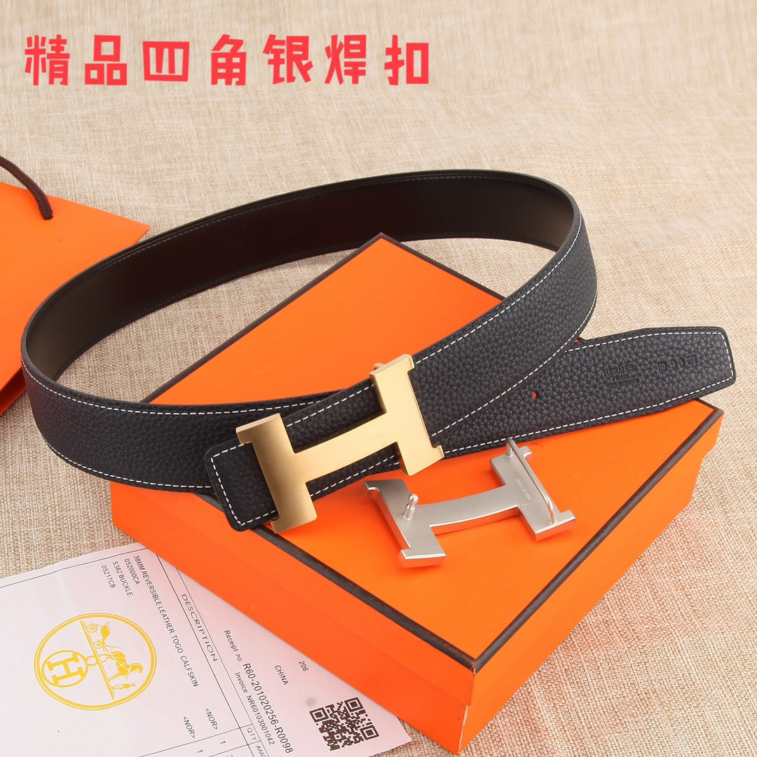 Black pebbled leather belt with gold-tone H buckle and black keeper strap