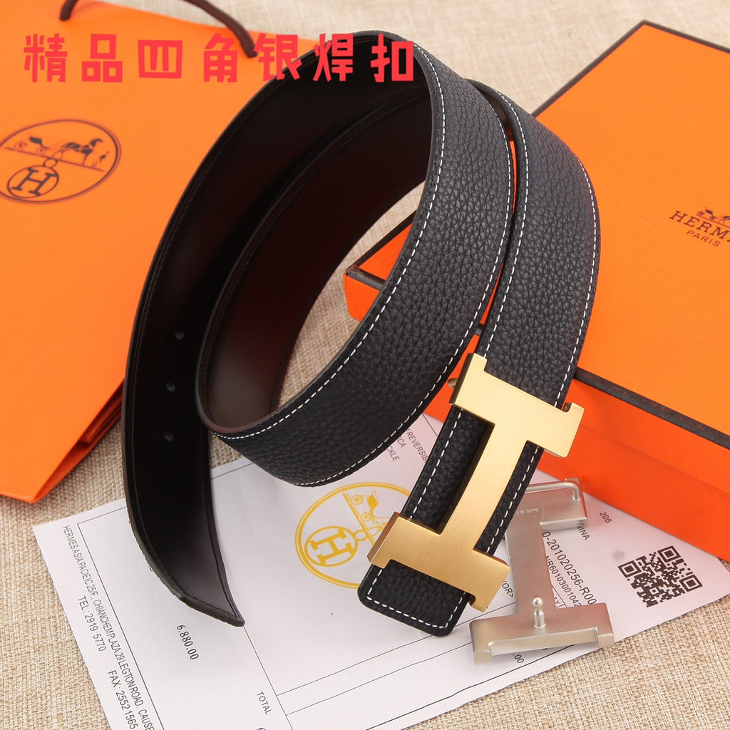 Black pebbled leather belt with gold-tone H buckle and dark inner lining