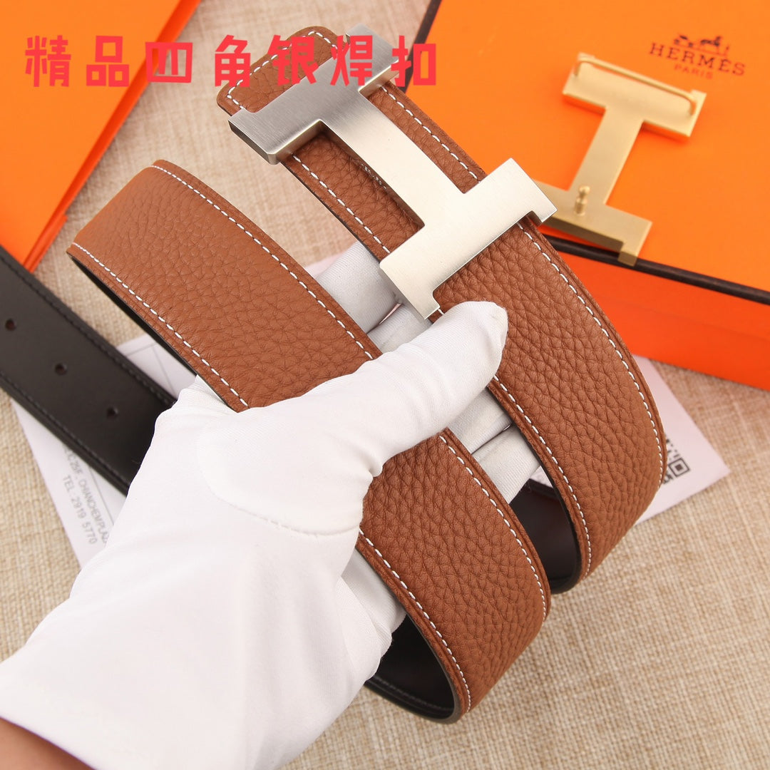 Hermes leather belt, brown textured strap with gold-tone H buckle and white contrast stitching.