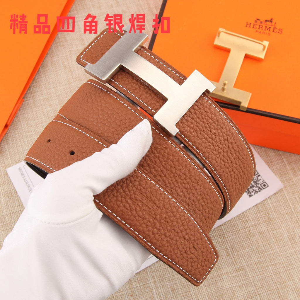 Hermes leather belt with brown textured strap and gold-tone H buckle, top and underside shown.