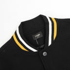 Black varsity jacket collar with ribbed knit trim in yellow and white, button placket