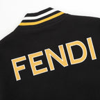 Black jacket with large FENDI wordmark on back, ribbed collar stripes