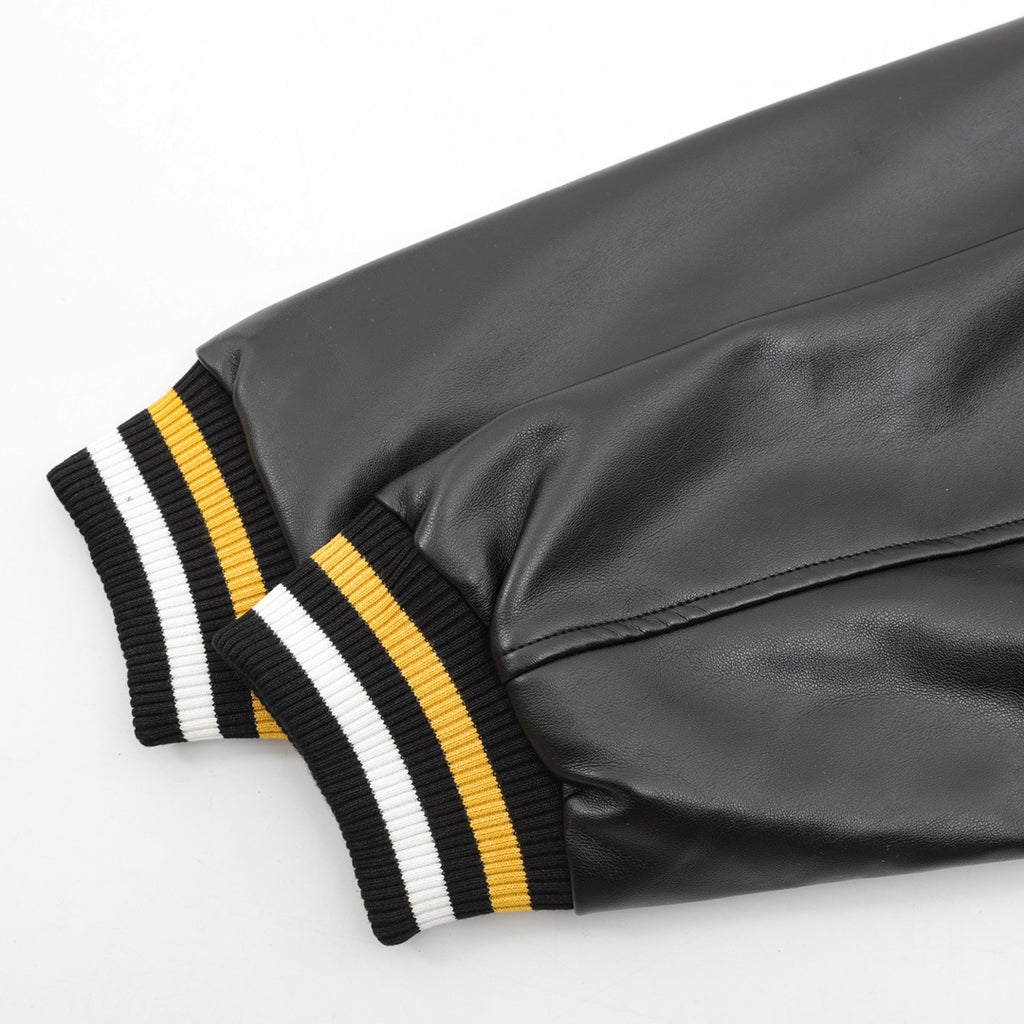 Black leather-look sleeve with ribbed cuff stripes in white and yellow