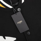 Black varsity jacket neck with button and FENDI label, gray hang tag attached