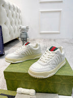 Gucci unisex sneakers, white lace-up with red-green web detail and tan midsole