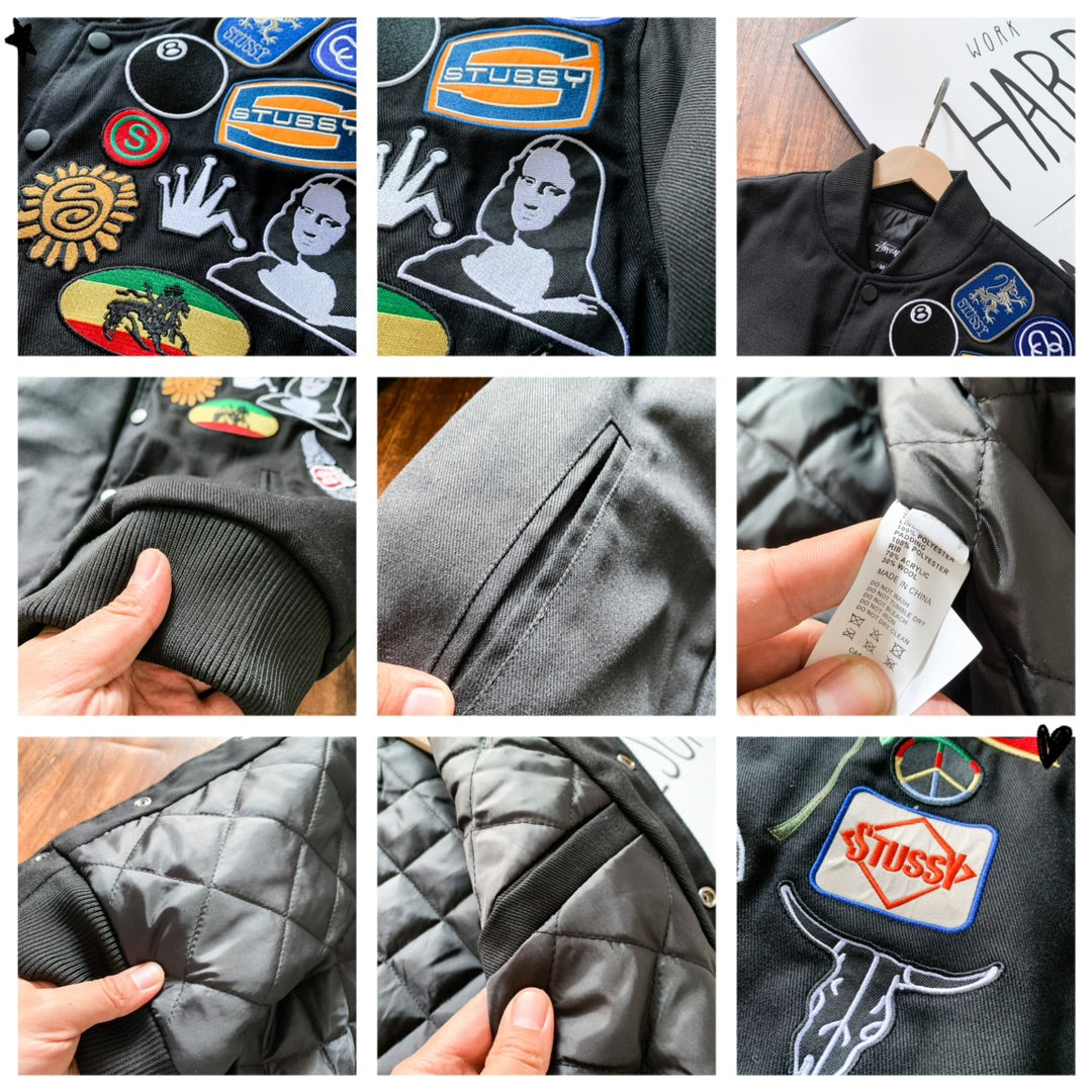 Jacket detail collage: quilted lining, embroidery patches, snap buttons